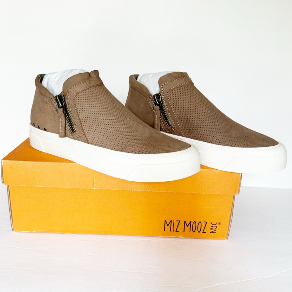 Miz Mooz Arret Side Zip Taupe Leather Platform Sneaker Size 8.5